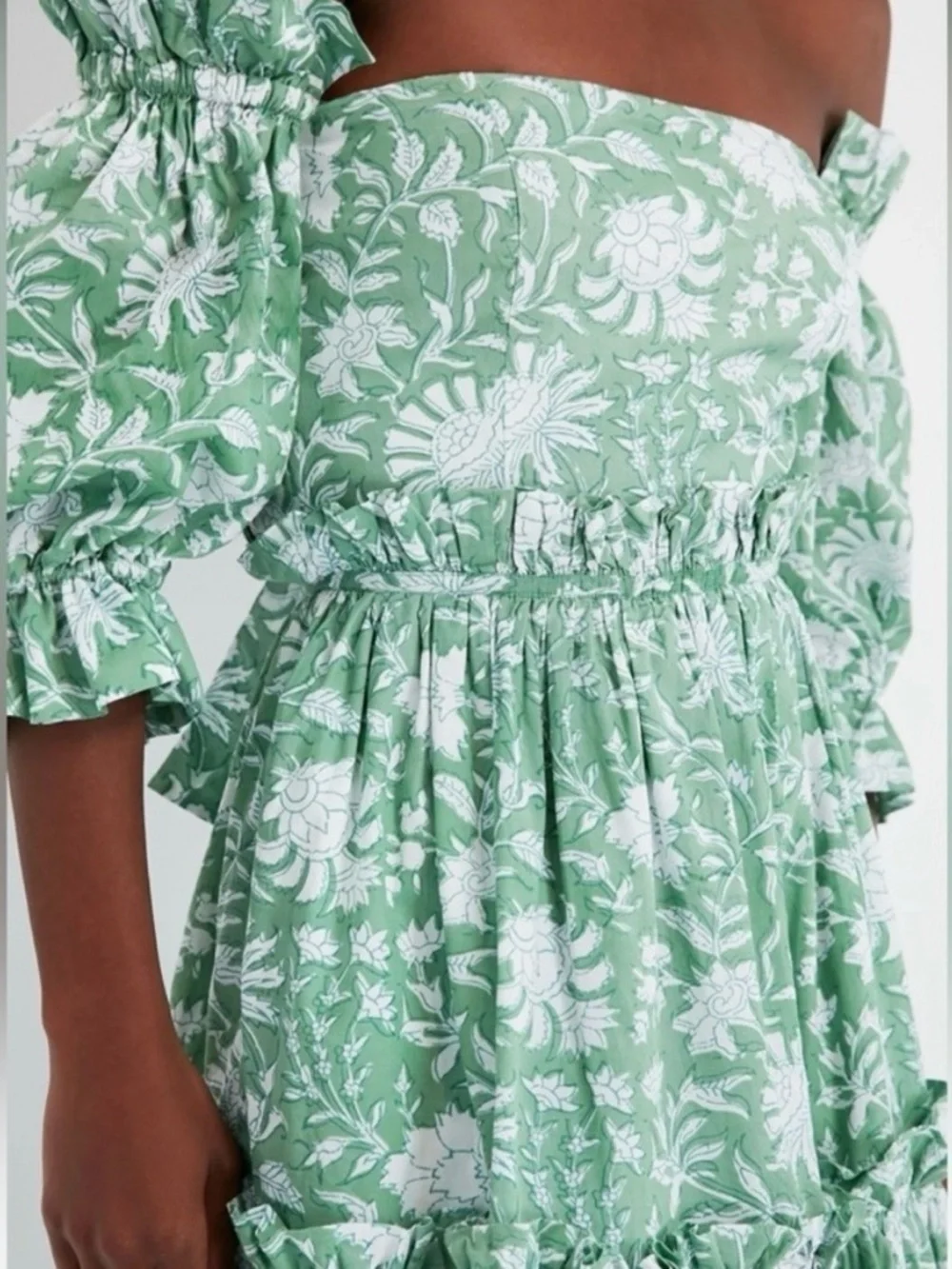 EDDY Olivia Midi Dress Green Ivory Floral Puff Sleeve Bow Back NWT Size S - Picture 7 of 15